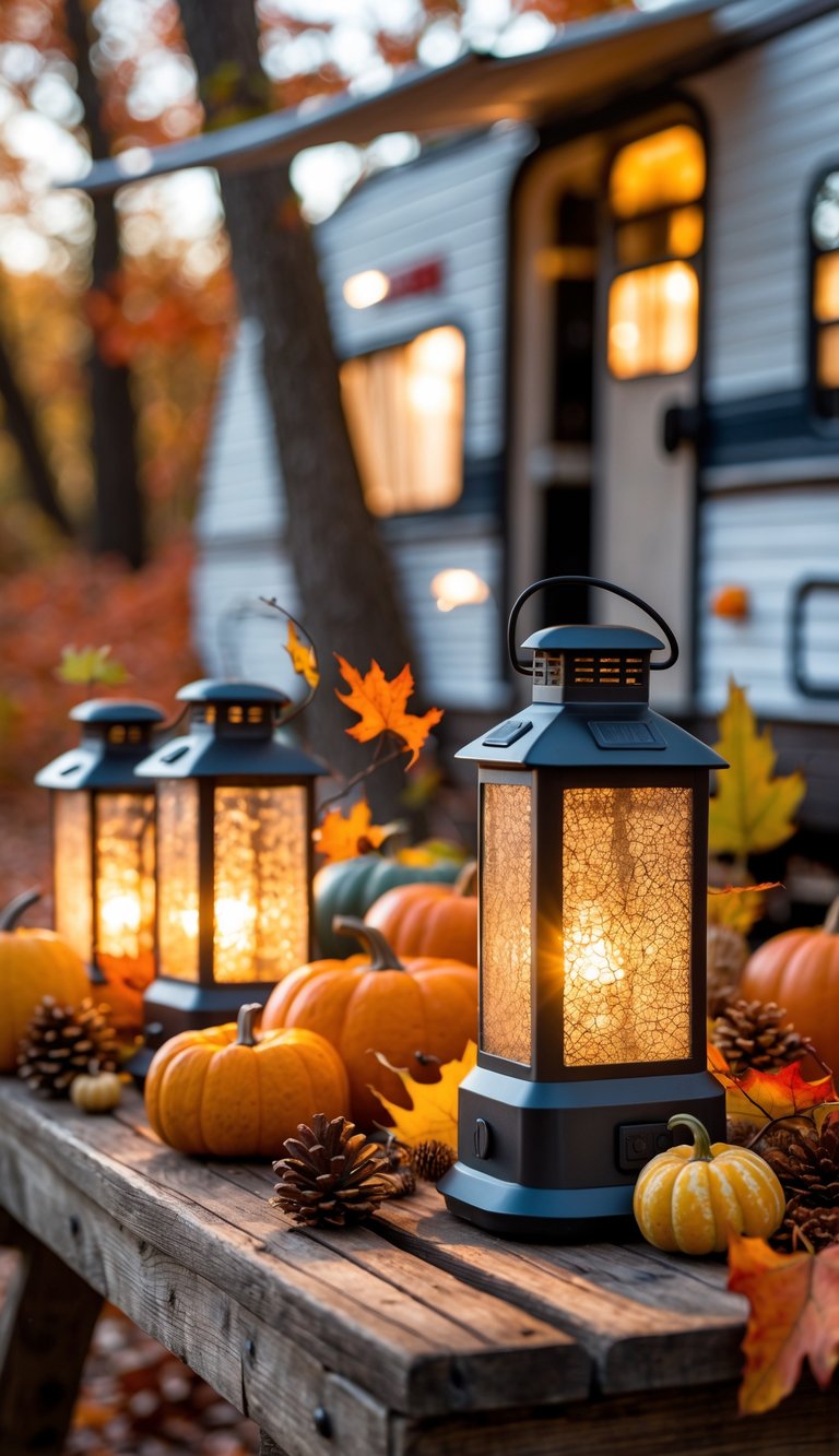 Battery-operated lanterns glowing warmly on a wooden table decorated with pumpkins, pinecones, and autumn leaves near an RV in a fall outdoor setting.