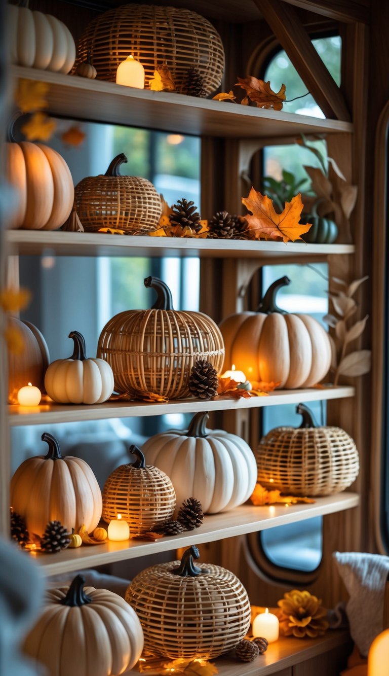 Shelves filled with decorative rattan pumpkins and autumn decor in a cozy indoor setting.