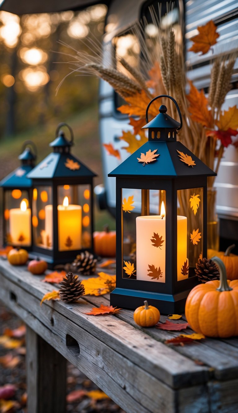 Candle lanterns with autumn decals glowing warmly on a wooden surface surrounded by fall leaves and pumpkins near an RV.