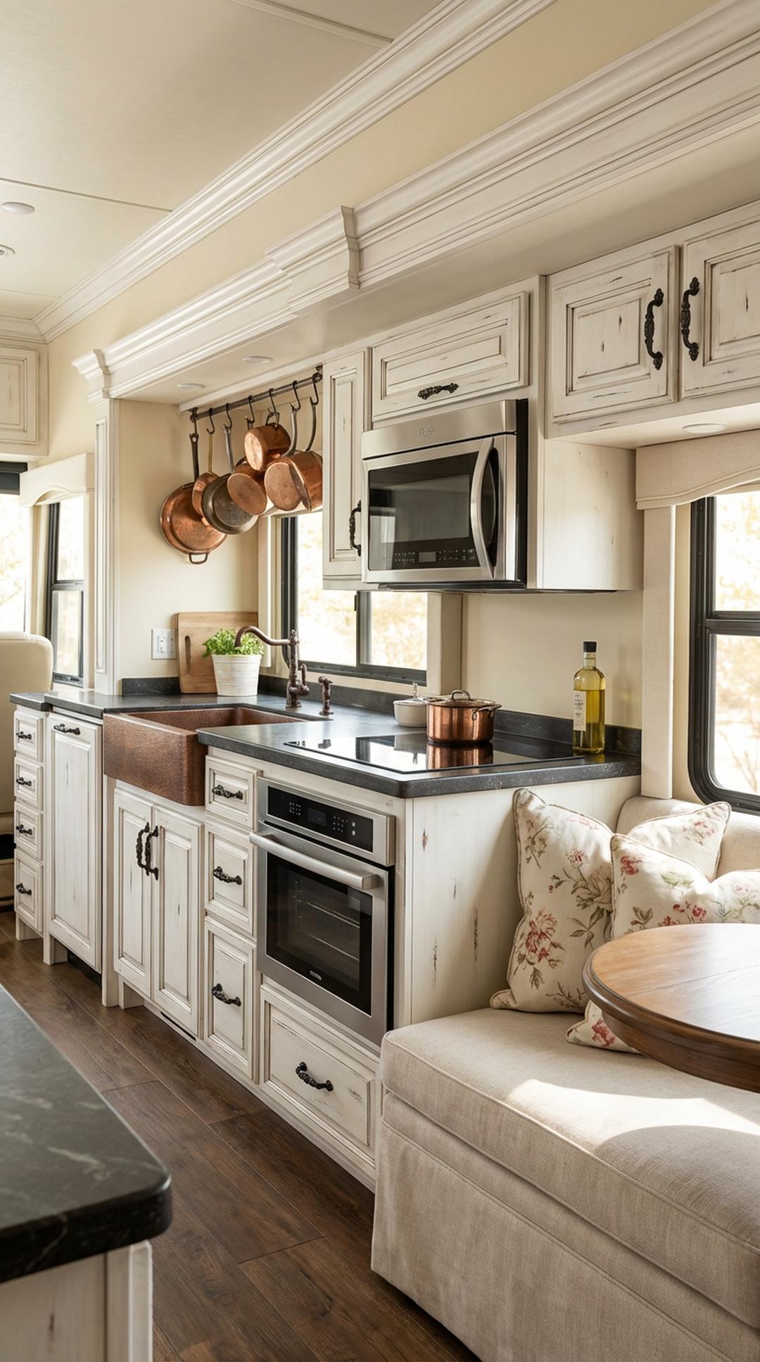 Distressed White Cabinetry with Ornate Hardware