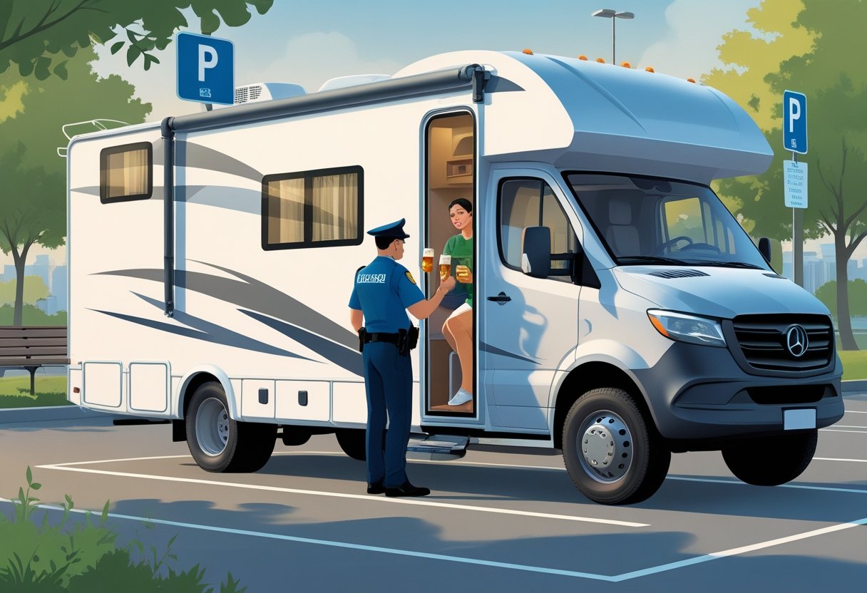 A person sitting inside a parked RV holding a drink while a law enforcement officer talks to them at the open door in a park setting.