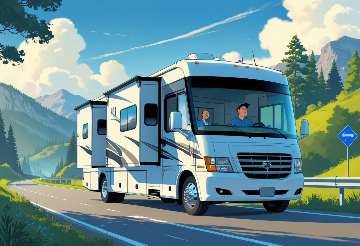 An RV with its slide-out extended parked on the side of a highway surrounded by trees and mountains, with a driver inside.