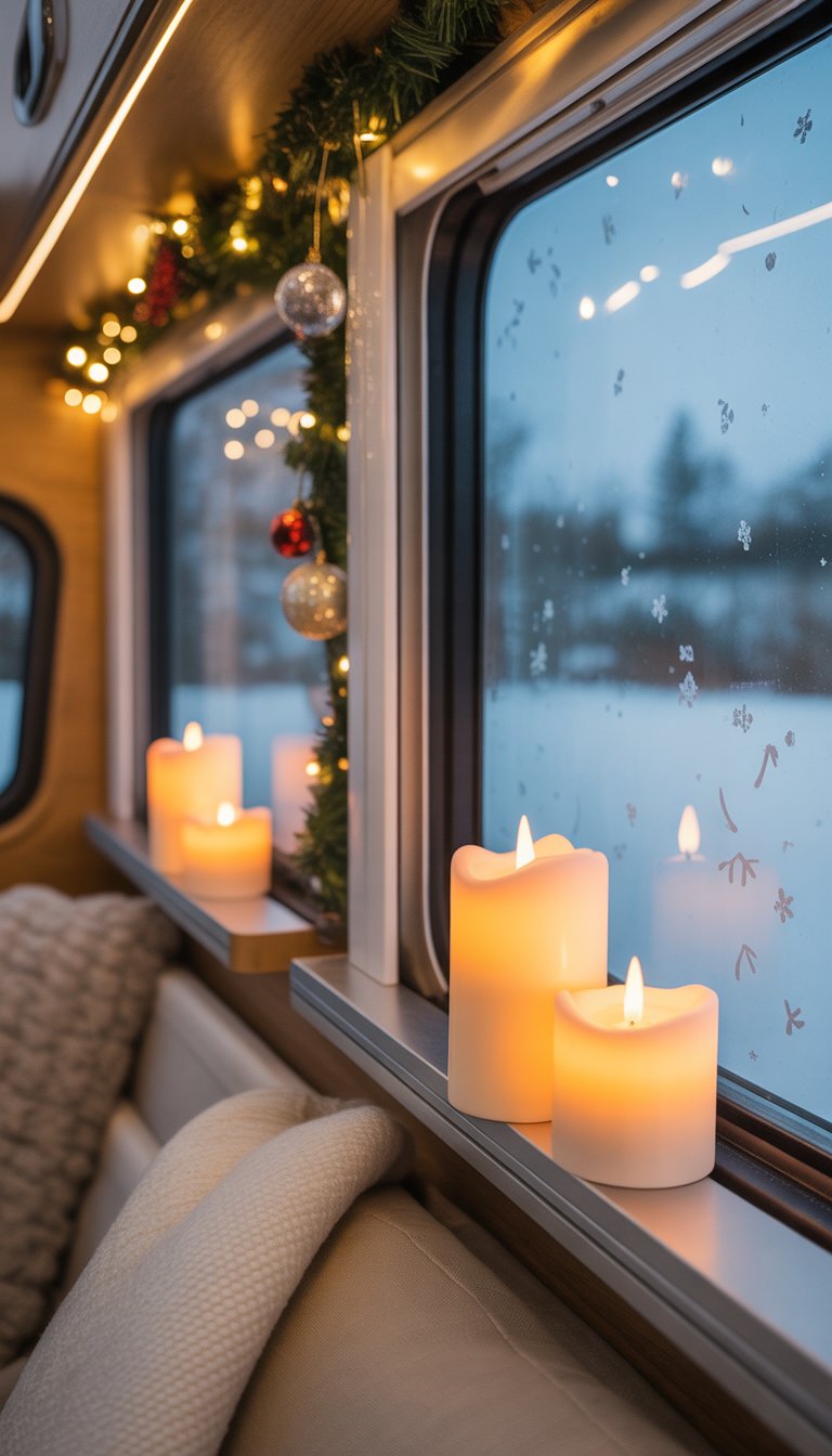 Interior of an RV with window sills decorated with glowing LED candles and subtle Christmas decorations, with a snowy winter scene visible outside.