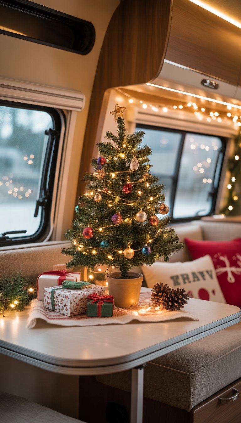 A small tabletop Christmas tree decorated with ornaments and lights inside a cozy RV interior with holiday decorations.