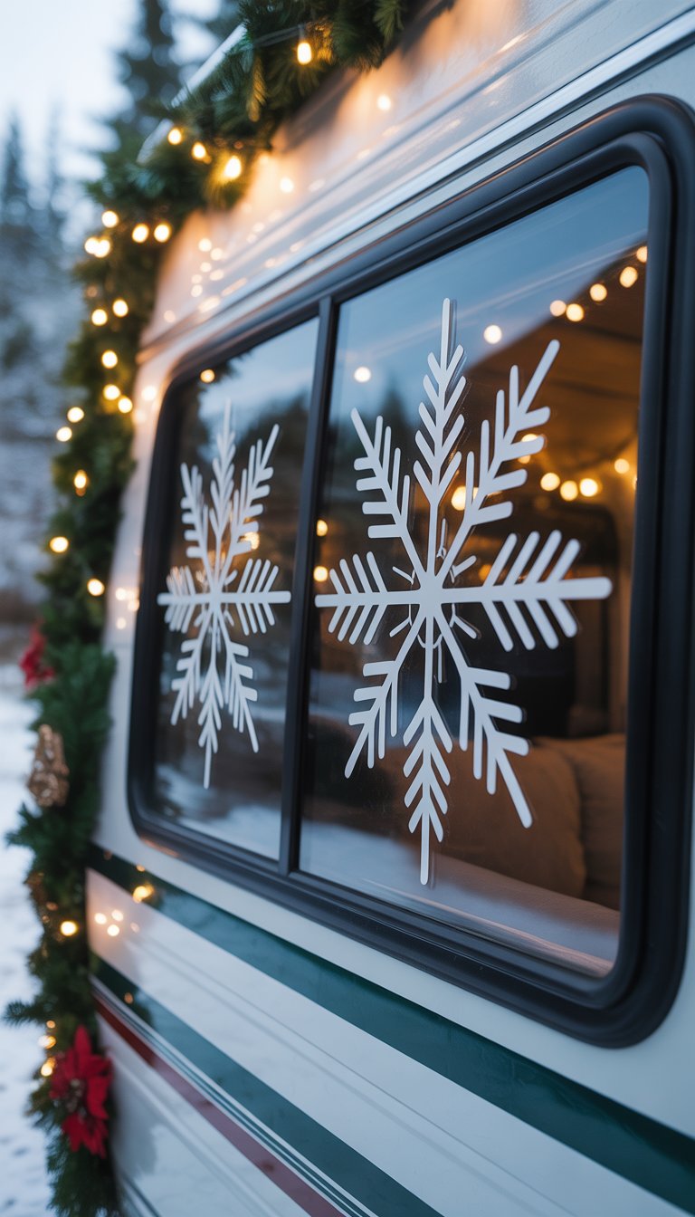 A decorated RV with white snowflake decals on its windows and holiday decorations around it.
