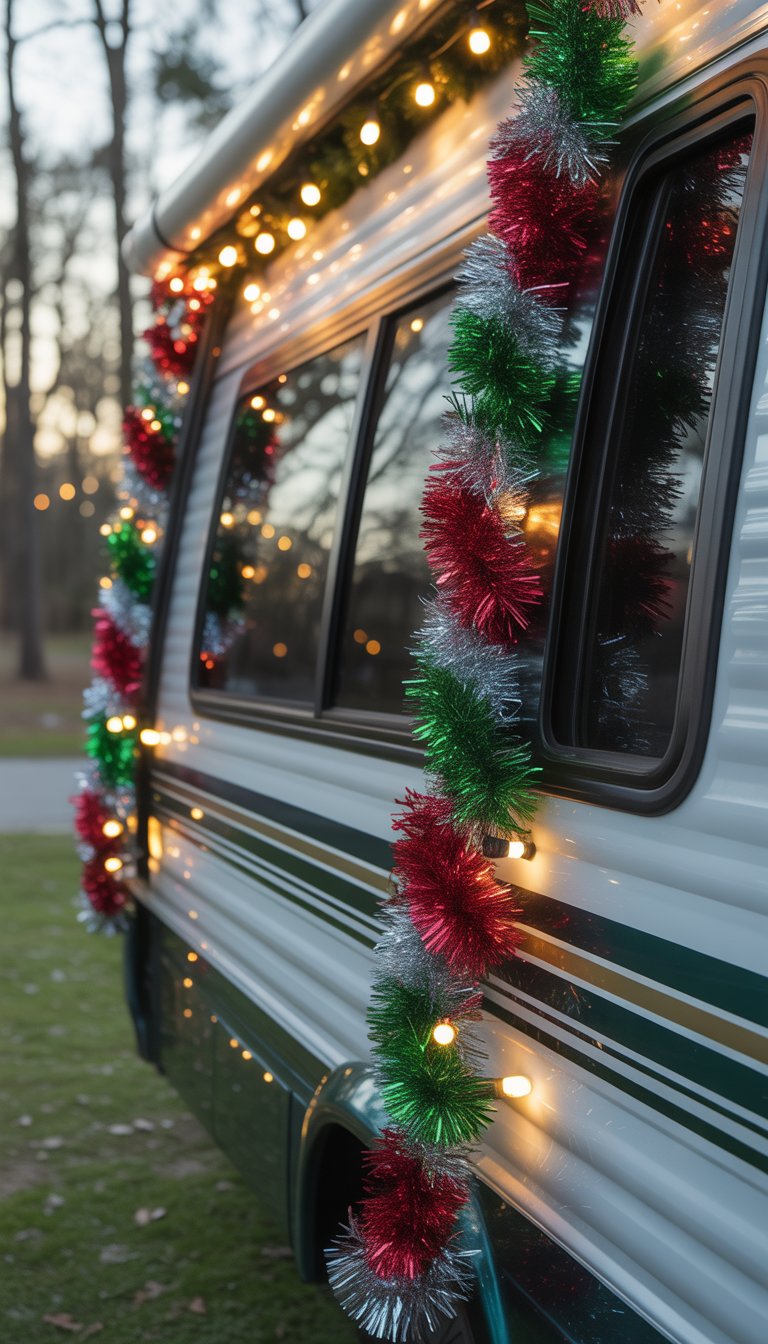 Exterior of an RV with its railings wrapped in colorful tinsel garlands for Christmas, set in a campground with holiday decorations.