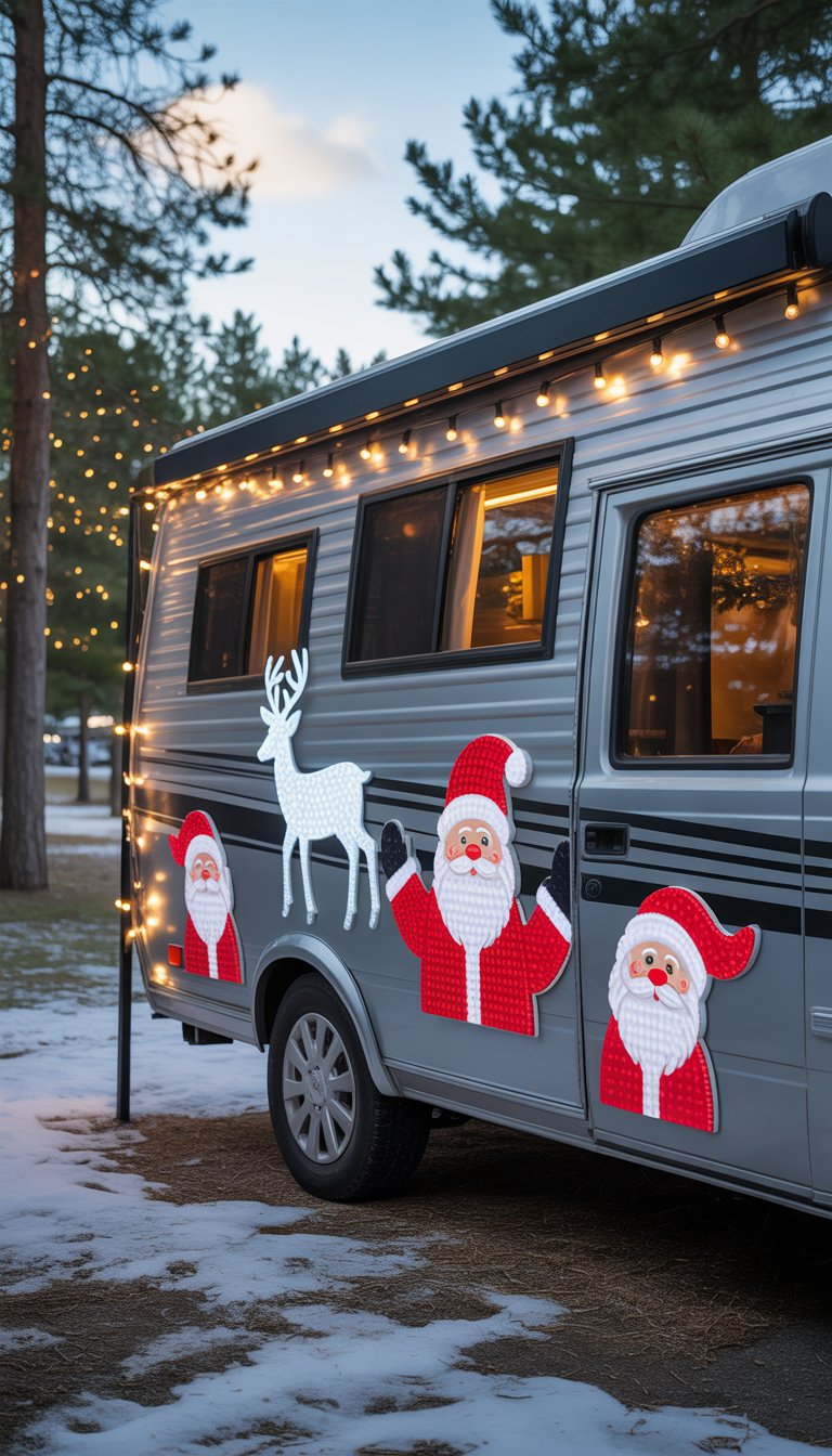 An RV decorated with magnetic Santa and reindeer figures outdoors in a snowy setting with pine trees.