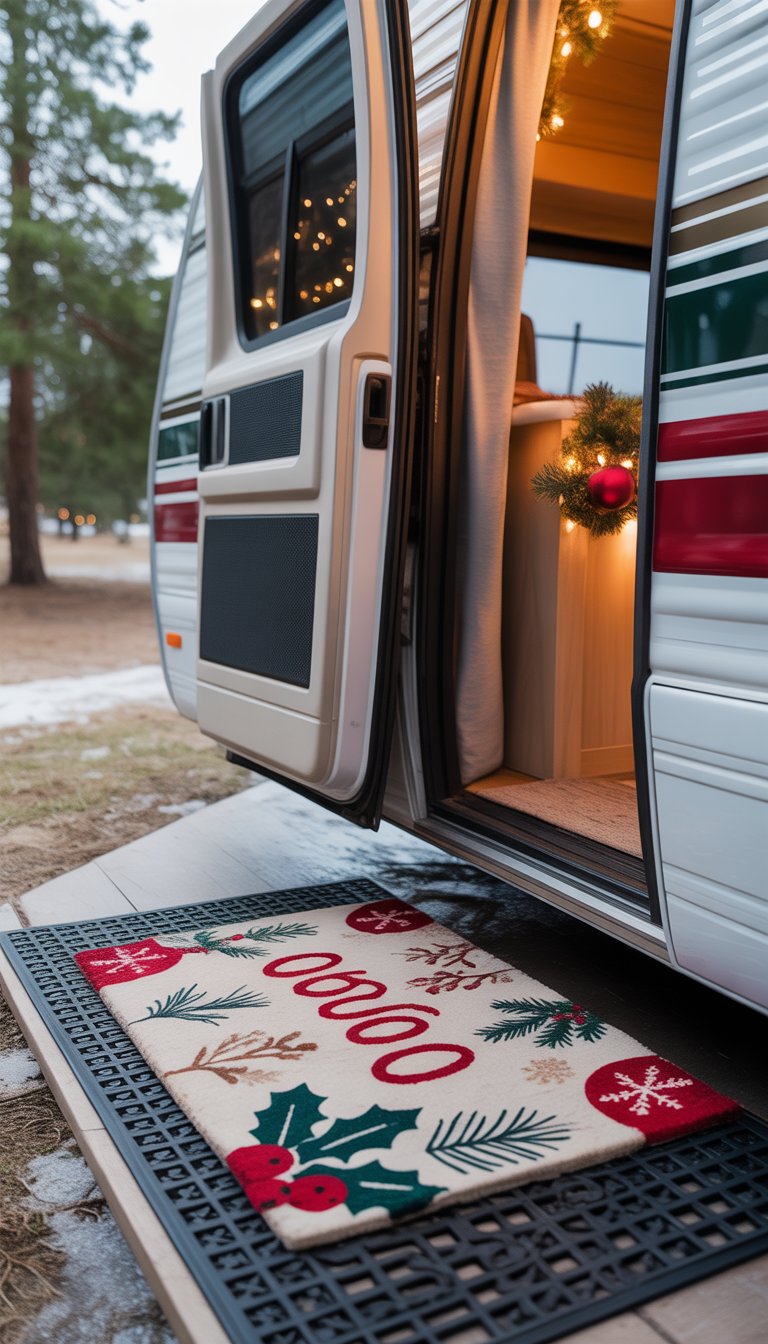A holiday-themed doormat at the entrance of an RV with Christmas decorations and snow-covered ground outside.