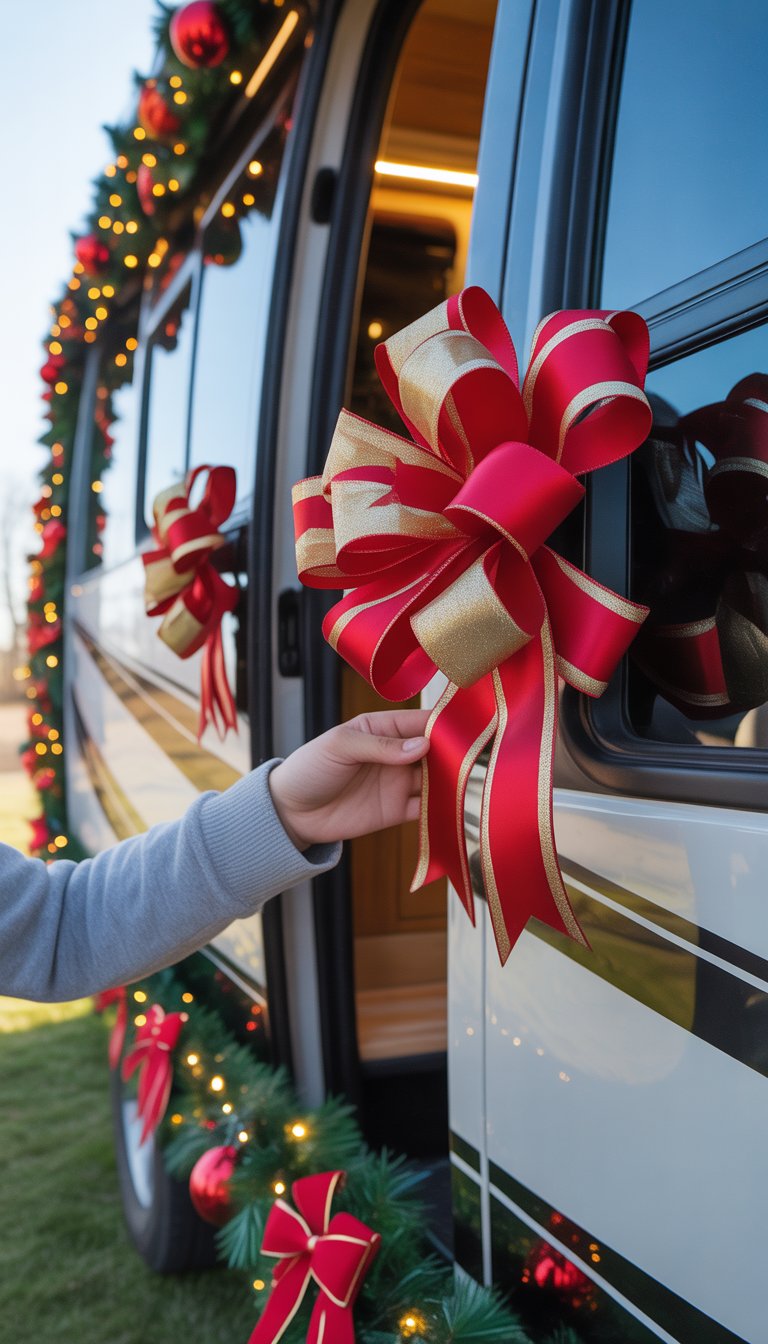 Hands hanging red and gold Christmas bows on RV door handles with holiday decorations in the background.