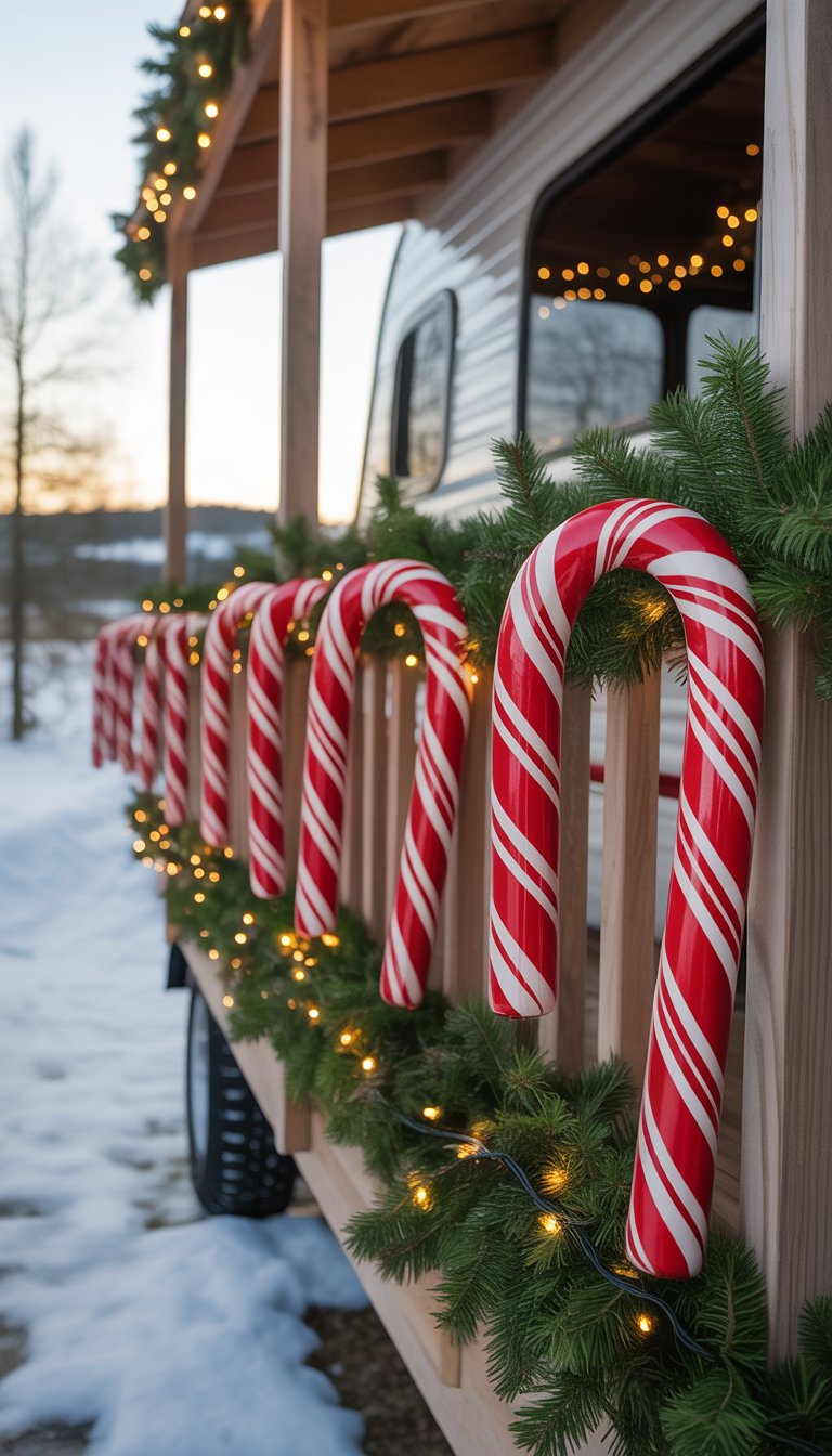 Candy cane patterned streamers tied along the porch railing of an RV decorated for Christmas.