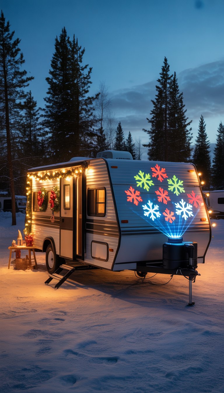 An RV decorated with Christmas lights and a battery-powered projector displaying snowflake patterns on its side in a snowy campground at dusk.