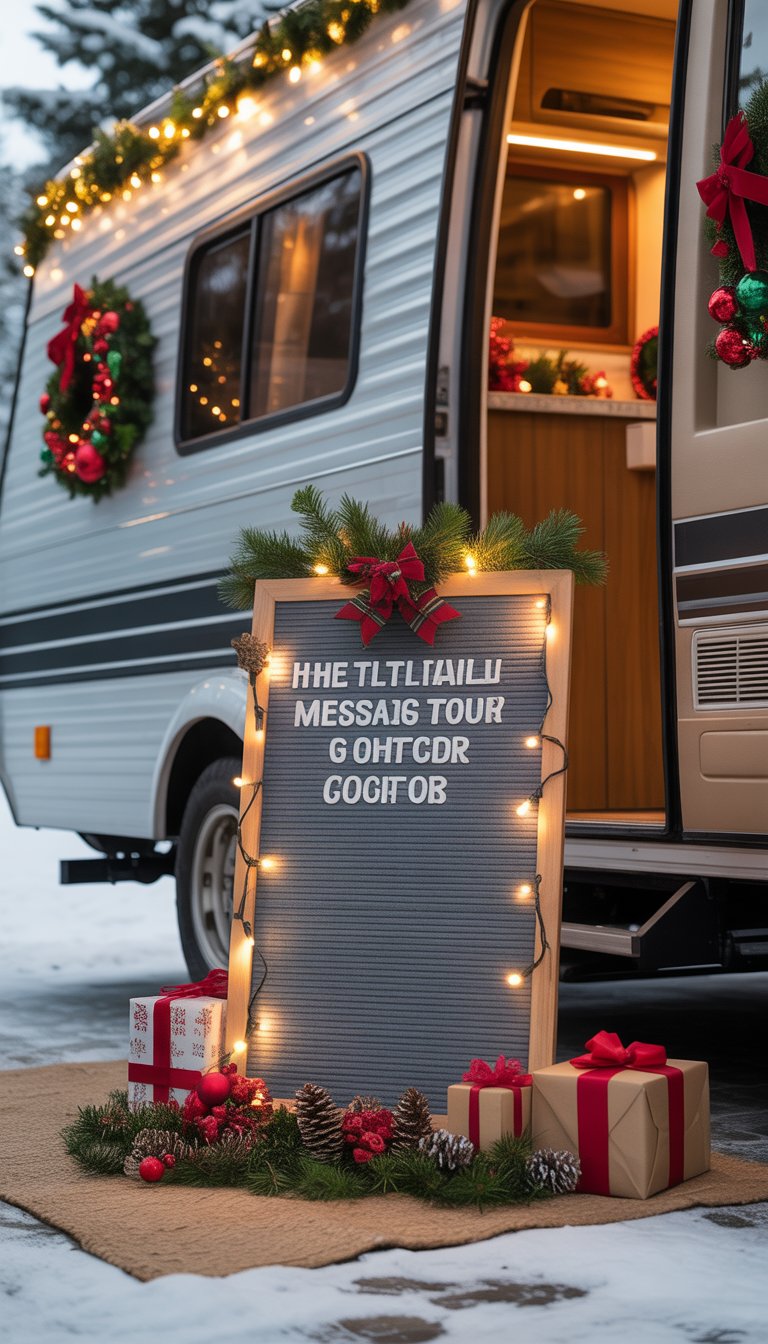 A holiday message board decorated with Christmas ornaments and lights at the entrance of a decorated RV.