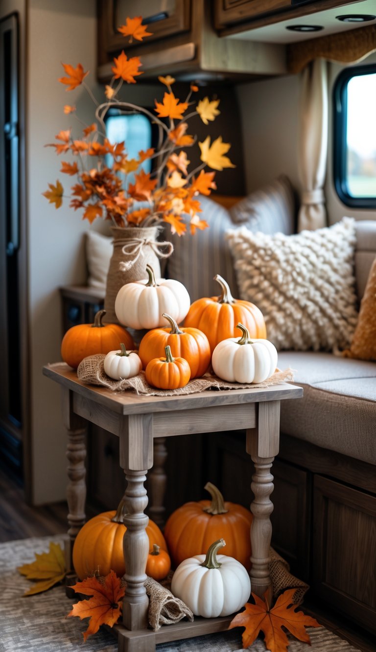 Interior of an RV decorated with miniature pumpkins and autumn leaves on a table, creating a cozy fall atmosphere.