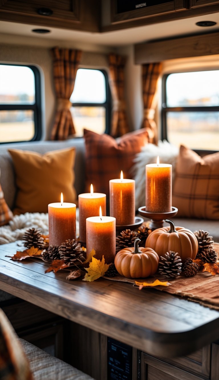 A cozy RV interior decorated with cinnamon candles, small pumpkins, pinecones, and autumn leaves on a wooden table.