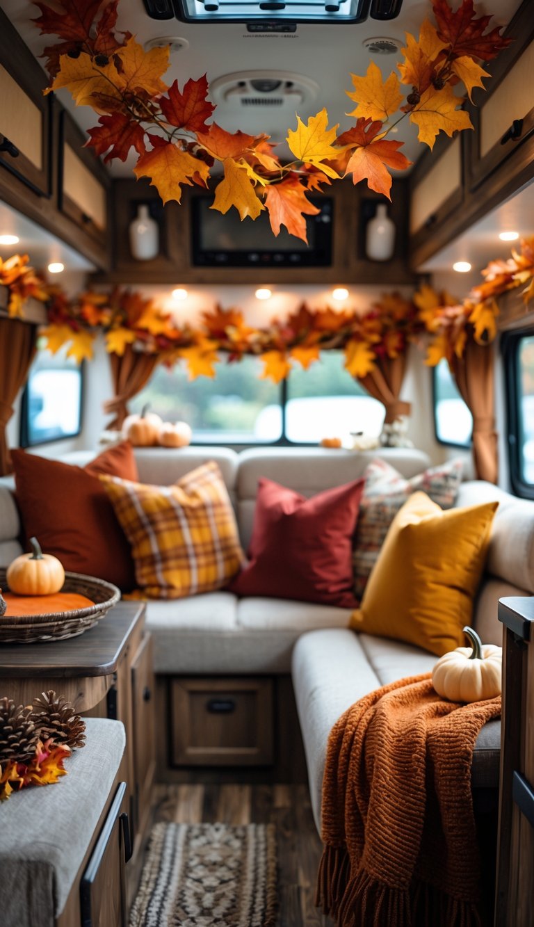 Cozy RV interior decorated with faux autumn leaves garlands and fall-themed accents creating a warm atmosphere.