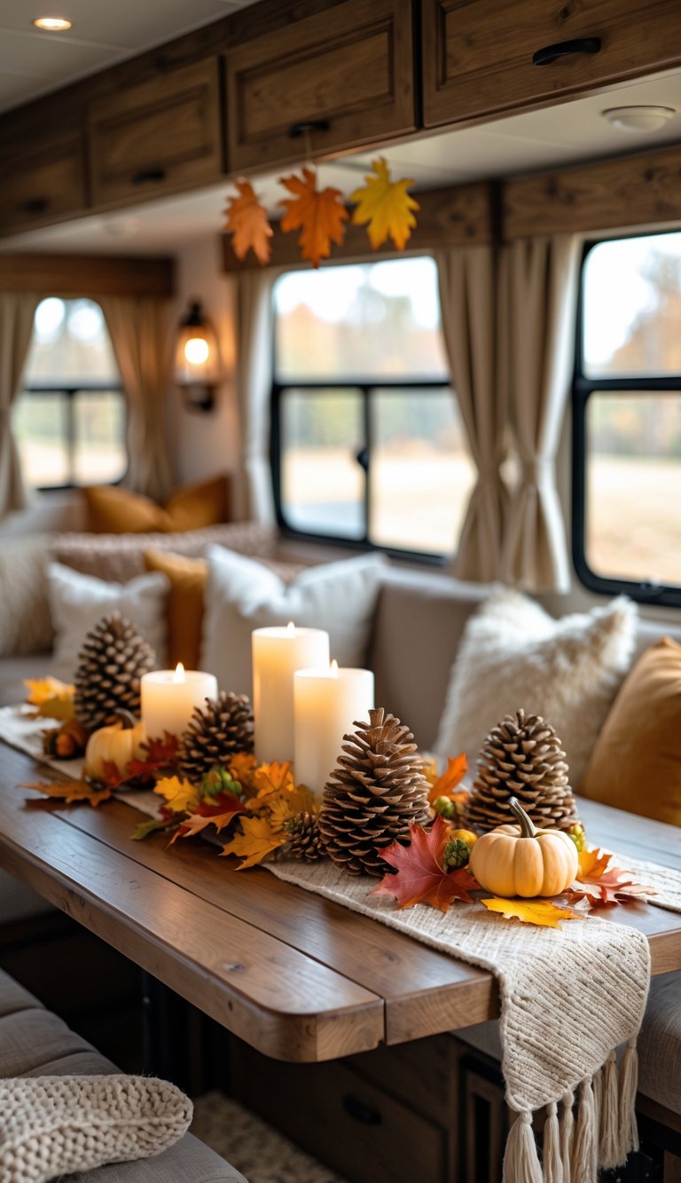 A cozy RV interior with a wooden table decorated with pinecone centerpieces, pumpkins, fall leaves, and candles.