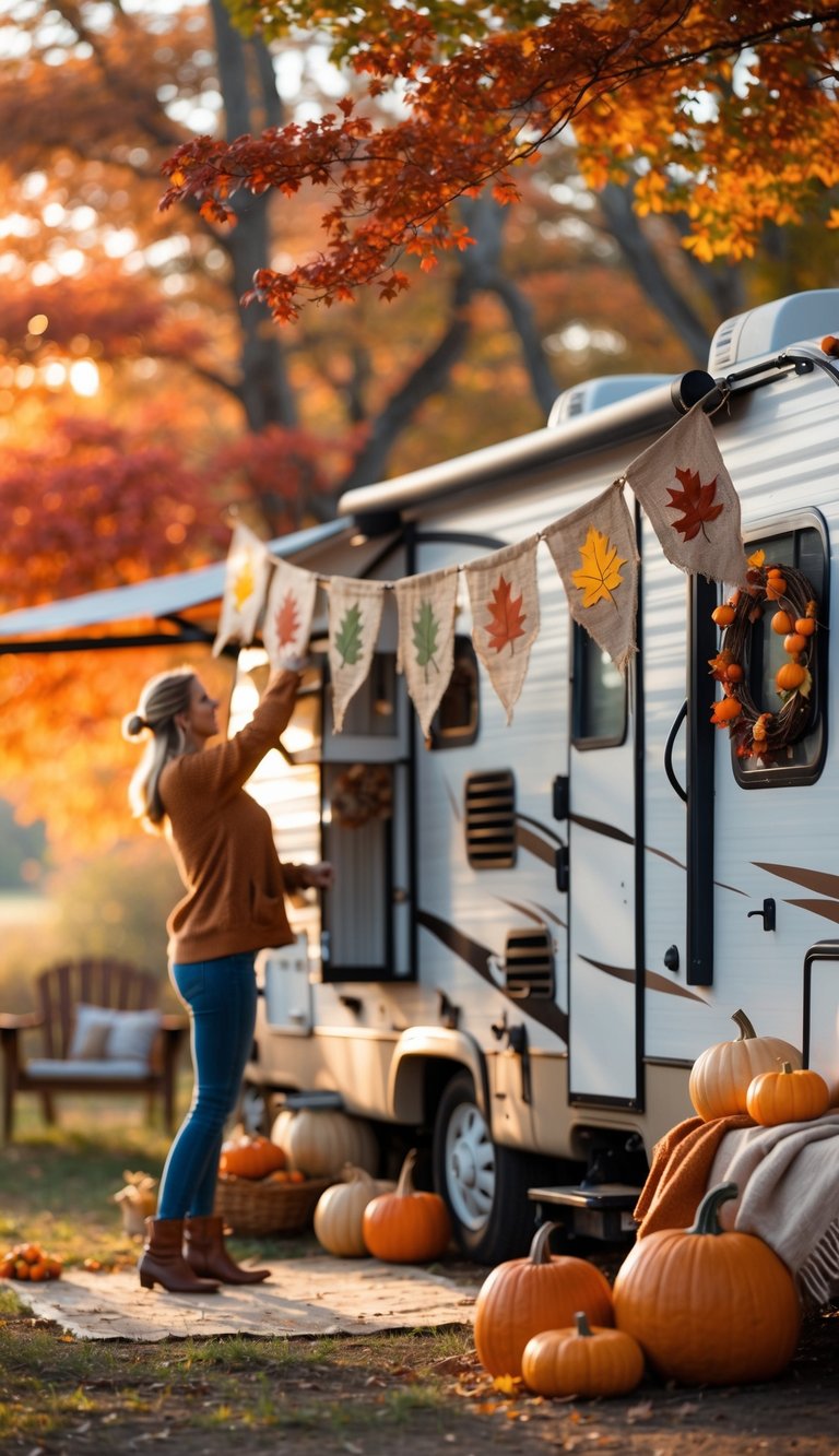 A person hanging burlap banners on an RV surrounded by colorful fall trees and autumn decorations.