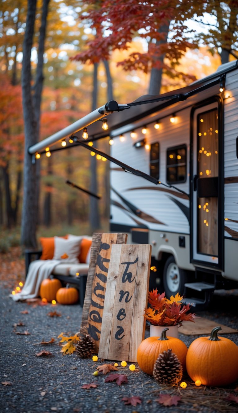 An RV decorated for fall with rustic wooden signs, pumpkins, fall leaves, and cozy outdoor seating in a forest with colorful autumn trees.