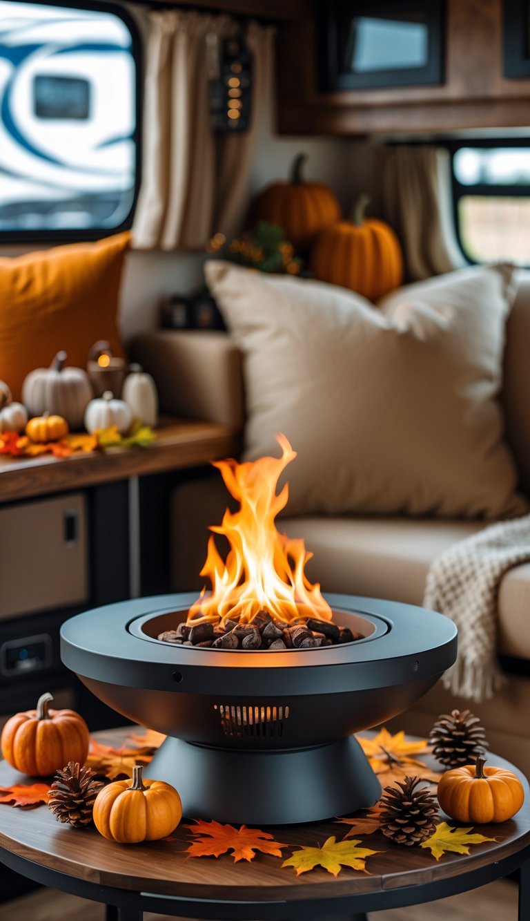 A small tabletop fire pit with flickering flames surrounded by autumn decorations inside an RV.
