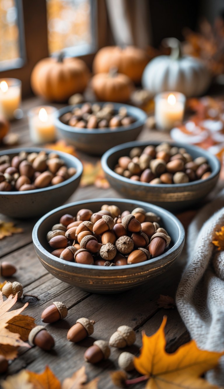 Decorative bowls filled with acorns arranged on a wooden table surrounded by autumn leaves and fall decorations.