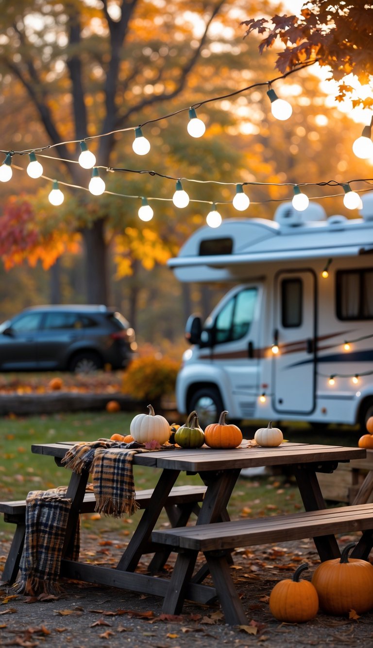 An outdoor RV area decorated with hanging lantern-style string lights, a wooden picnic table, pumpkins, and fall foliage in the background.