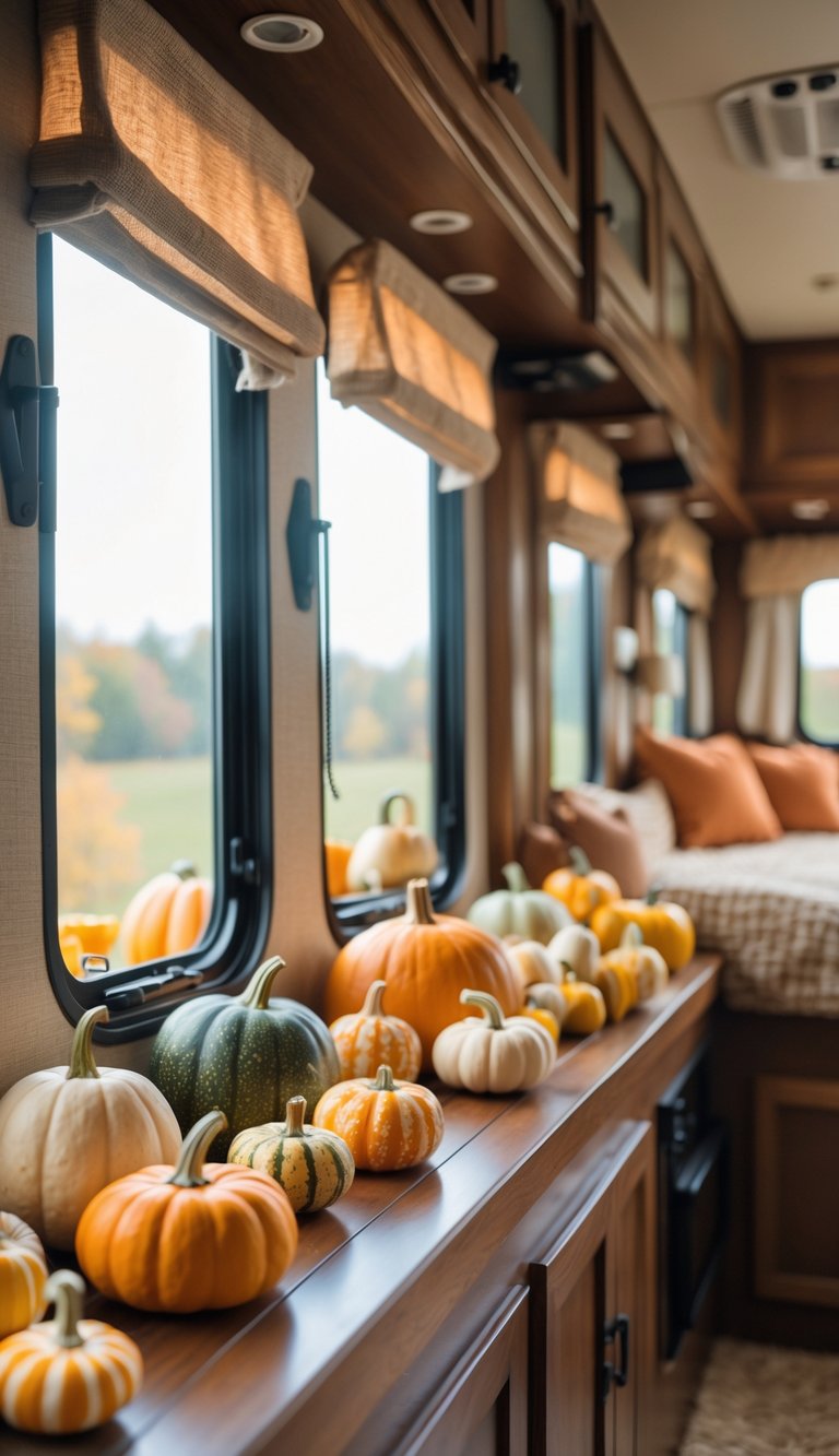 Window sills inside an RV decorated with various colorful gourds and small pumpkins, with soft natural light coming through the windows.