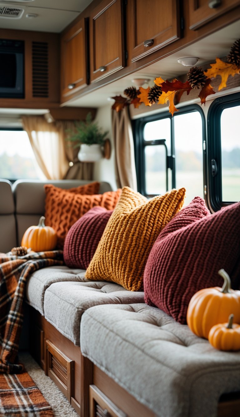 Interior of an RV with knit cushions and fall decorations creating a warm and cozy atmosphere.