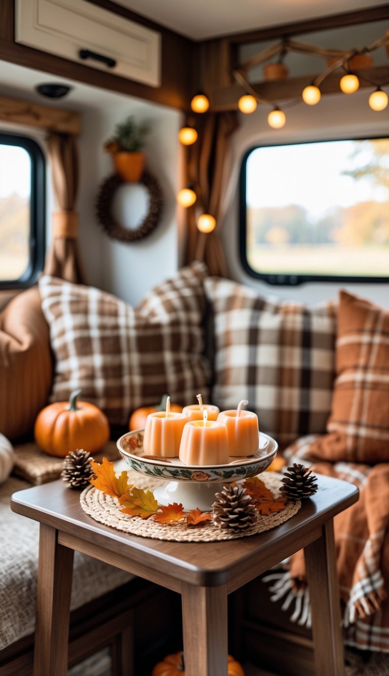 A cozy RV interior with apple-scented wax melts on a table surrounded by fall decorations like pumpkins, pine cones, and warm blankets.