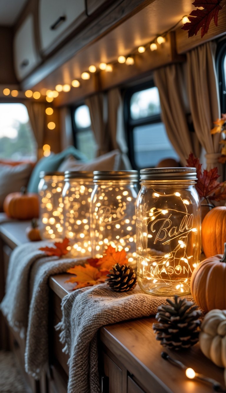 Mason jars filled with glowing fairy lights displayed on a wooden surface surrounded by fall decorations inside an RV.