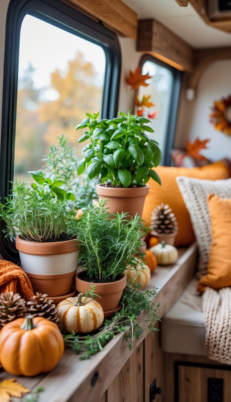 Small indoor herb garden with potted herbs on a windowsill inside an RV decorated with fall-themed items like pumpkins and autumn leaves.