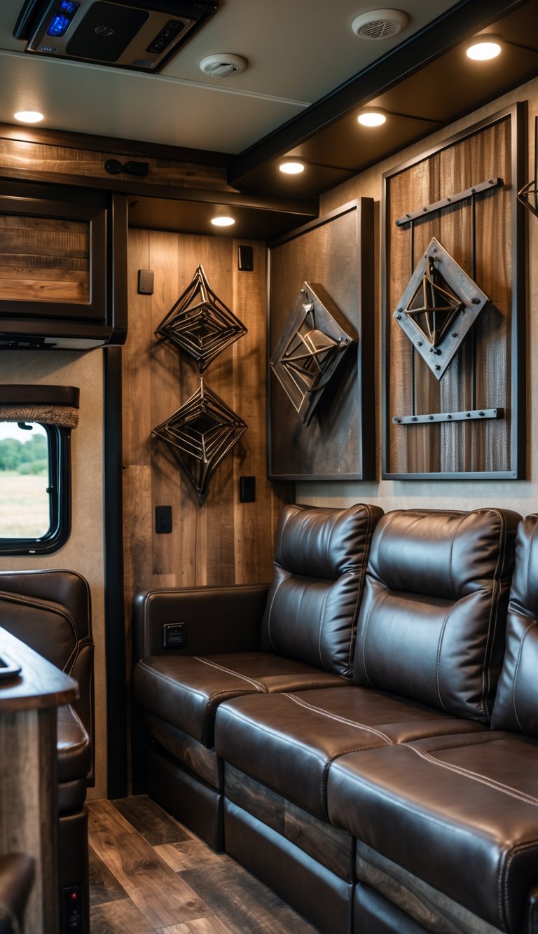 Interior of an RV with leather seating and industrial metal wall art on the walls.