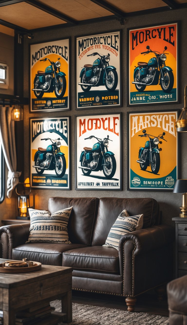 A masculine living space with vintage motorcycle posters on the wall, leather furniture, and rustic decor.