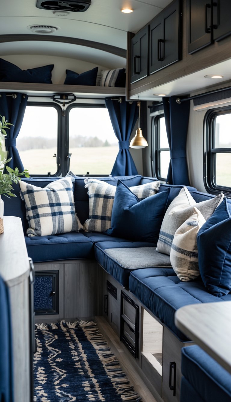 Interior of an RV living area featuring navy blue and gray furnishings with leather and wood accents.