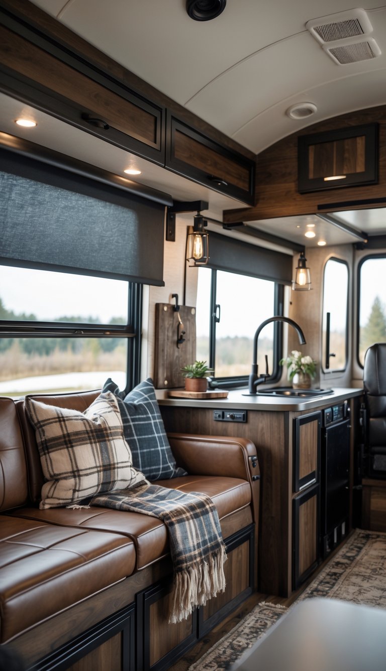 Interior of an RV with blackout roller shades, leather seating, dark wood cabinets, and masculine decorative accents.