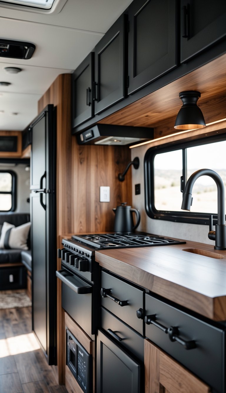 Interior of an RV featuring matte black fixtures, wood cabinets, leather seating, and industrial-style lighting.