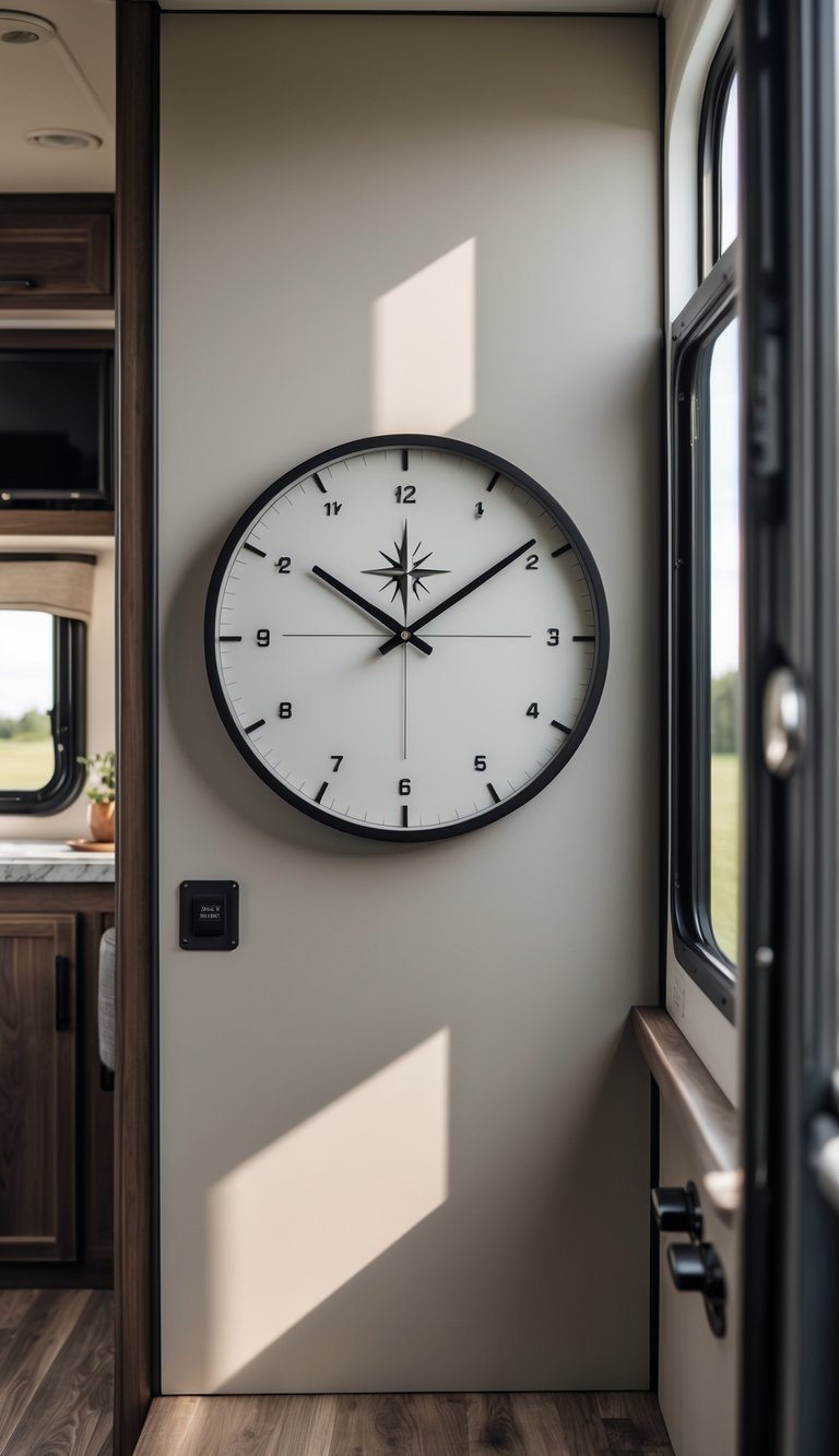 A minimalist compass wall clock hanging on a wall inside an RV with masculine decor elements around it.