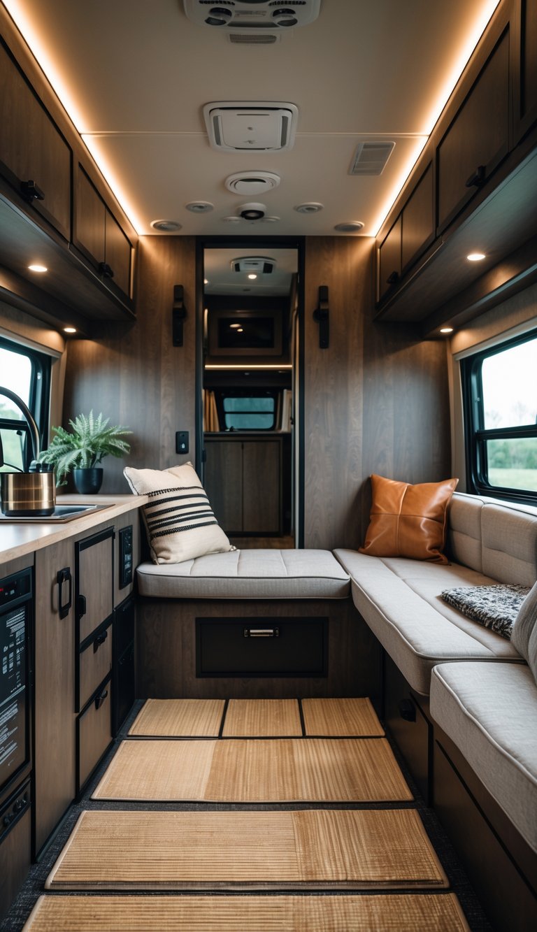 Interior of an RV with tatami style floor mats, dark wood furniture, and cozy seating area.