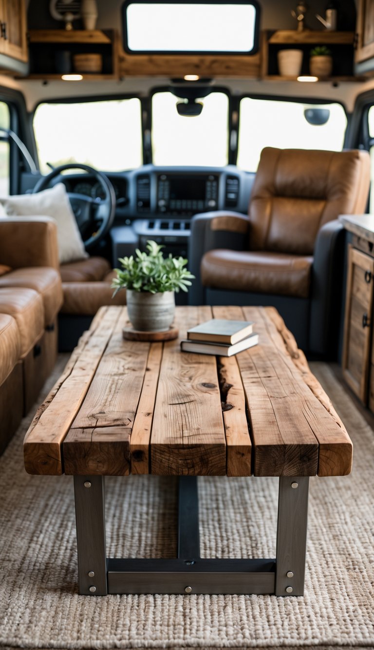 A reclaimed wood coffee table in the living area of an RV with leather seating and natural light coming through the windows.