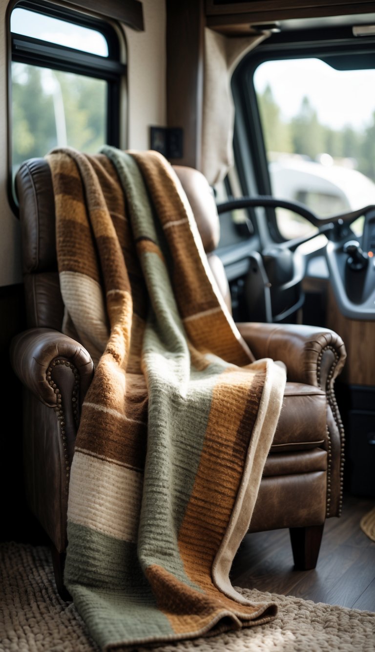 A wool blend blanket in earth tones draped over a leather armchair inside an RV with wood accents and a window showing outdoor scenery.