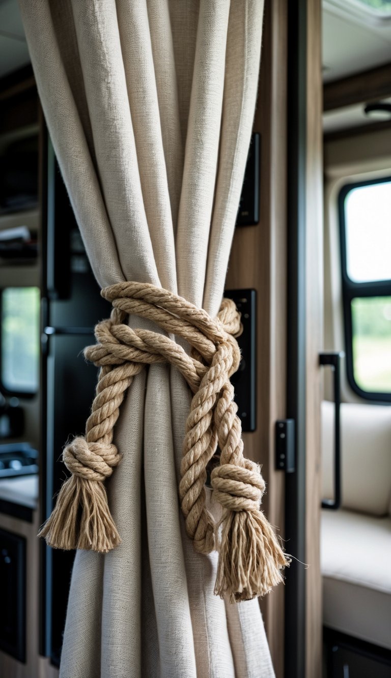Close-up of thick nautical rope curtain tiebacks holding back curtains inside an RV with a masculine interior.