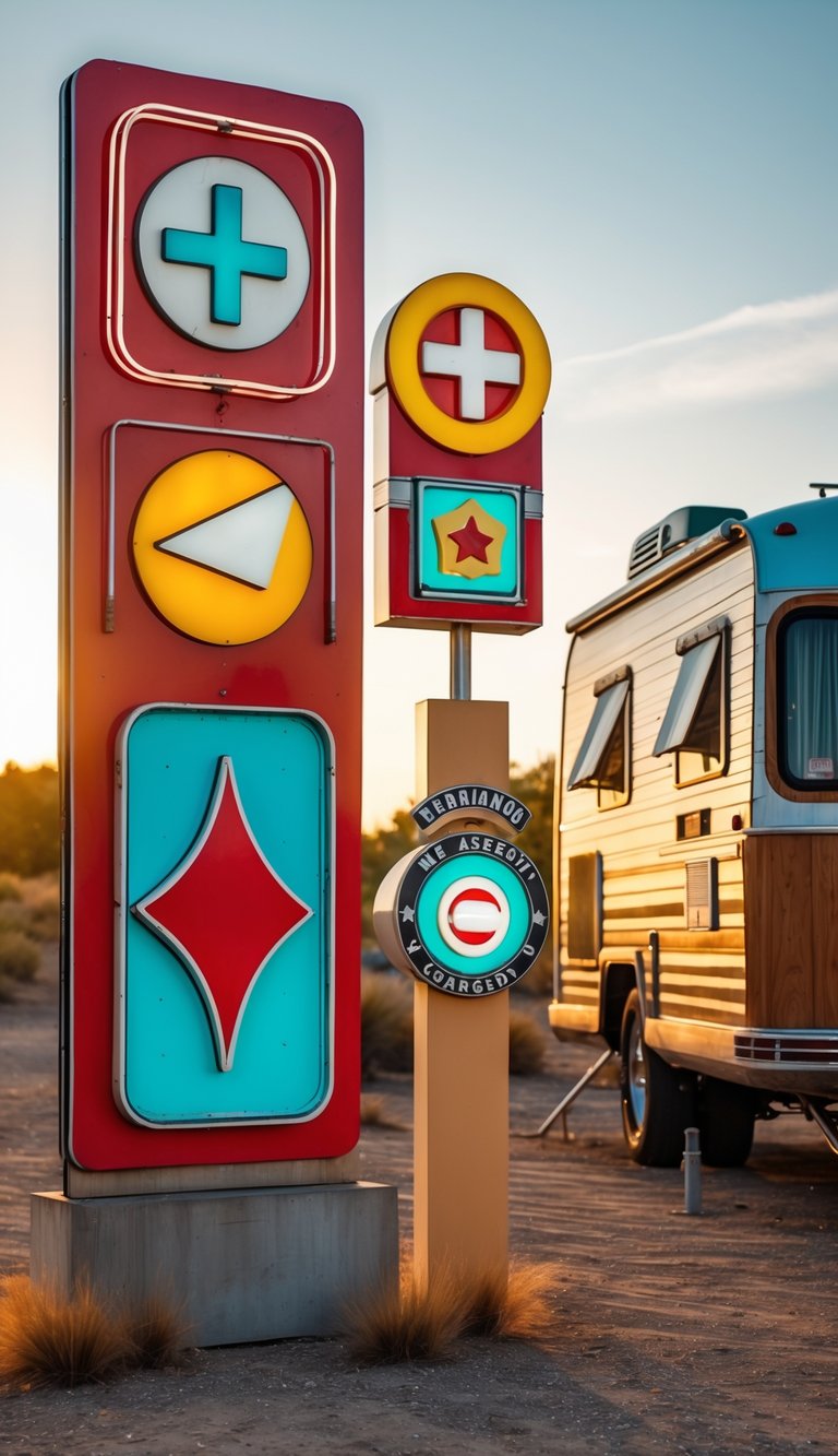 An outdoor scene showing vintage gas station signs near a decorated RV parked under warm sunlight.