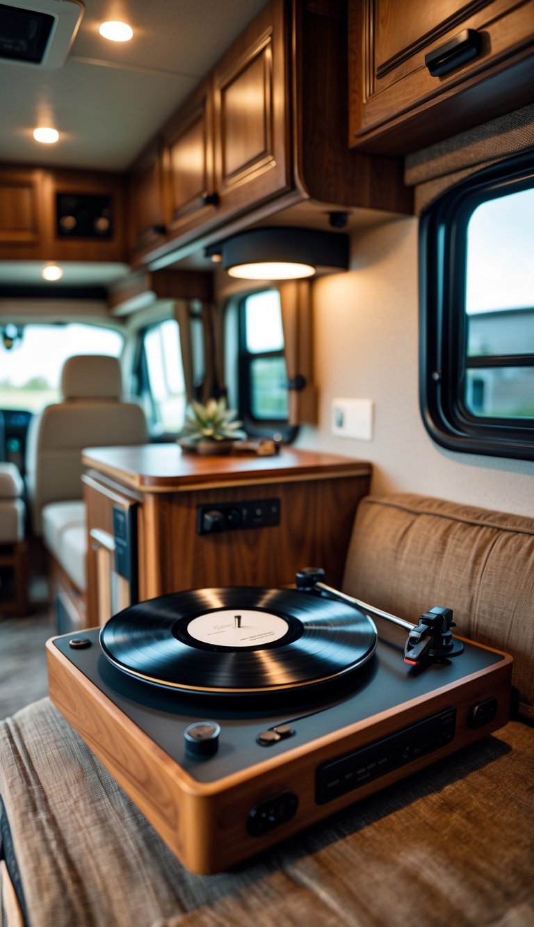 Classic vinyl record player inside a stylish and organized RV interior with wooden cabinets and leather accents.