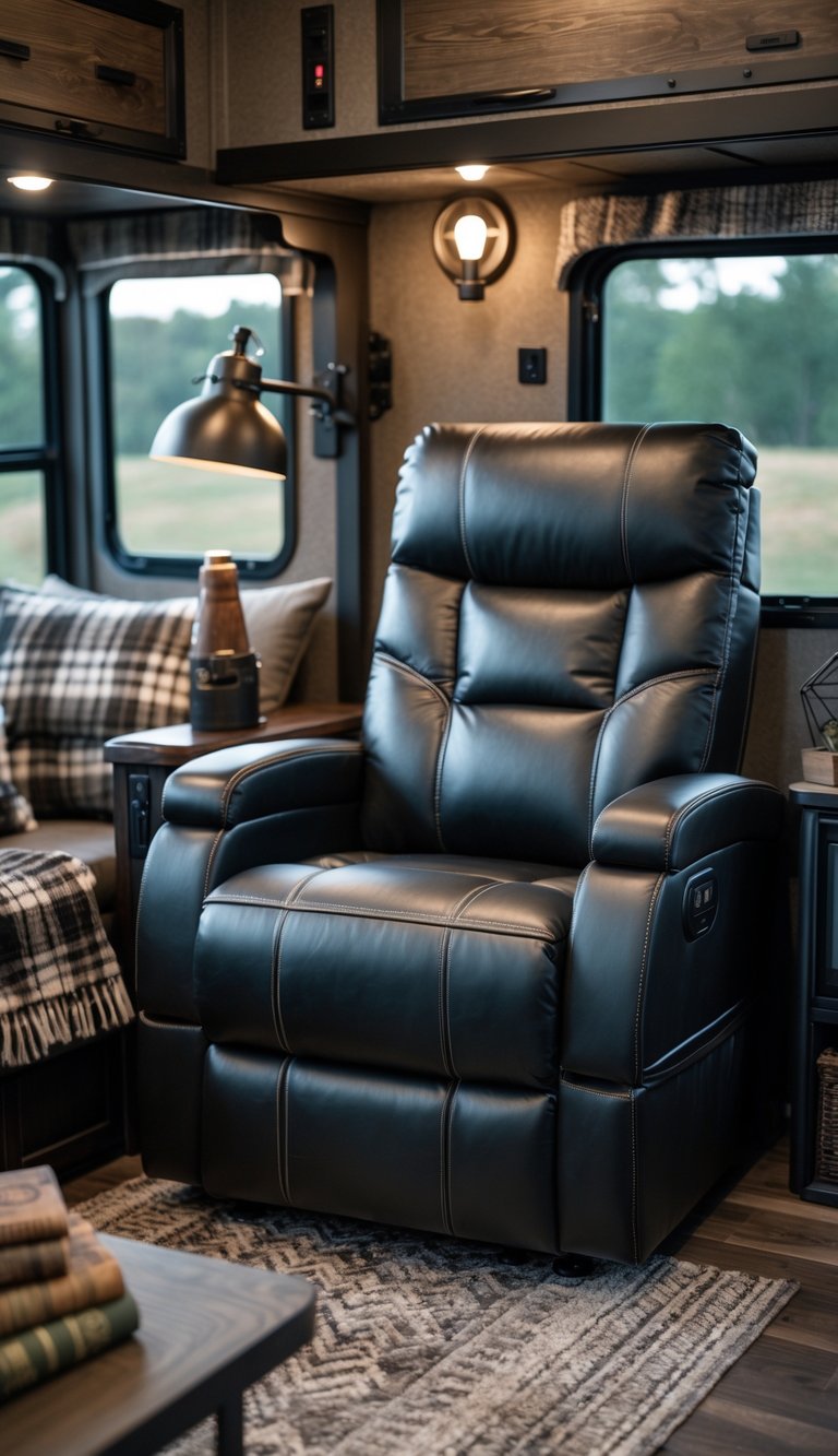 Black leather recliner chair inside a well-decorated RV interior with dark wood and metal accents.