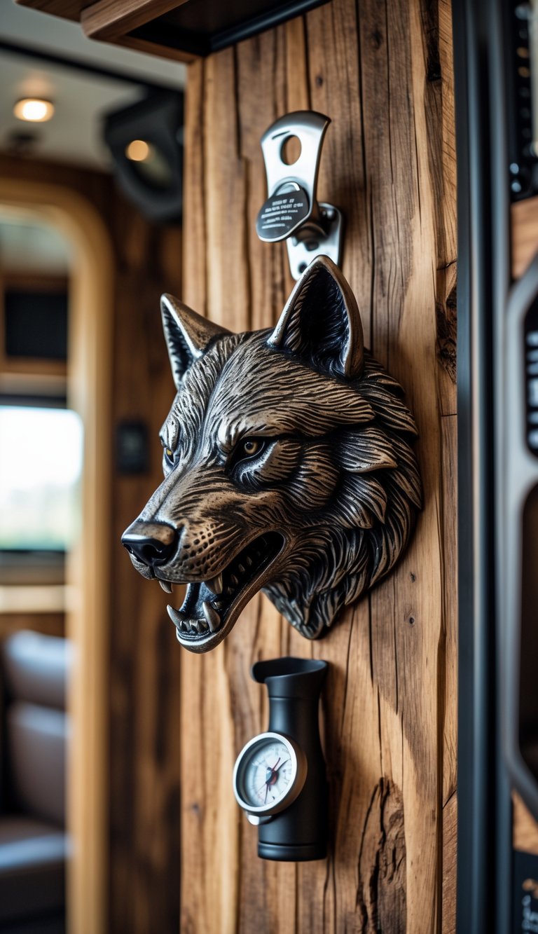Wolf head wall-mounted bottle opener on a wooden wall inside an RV surrounded by masculine decor items.