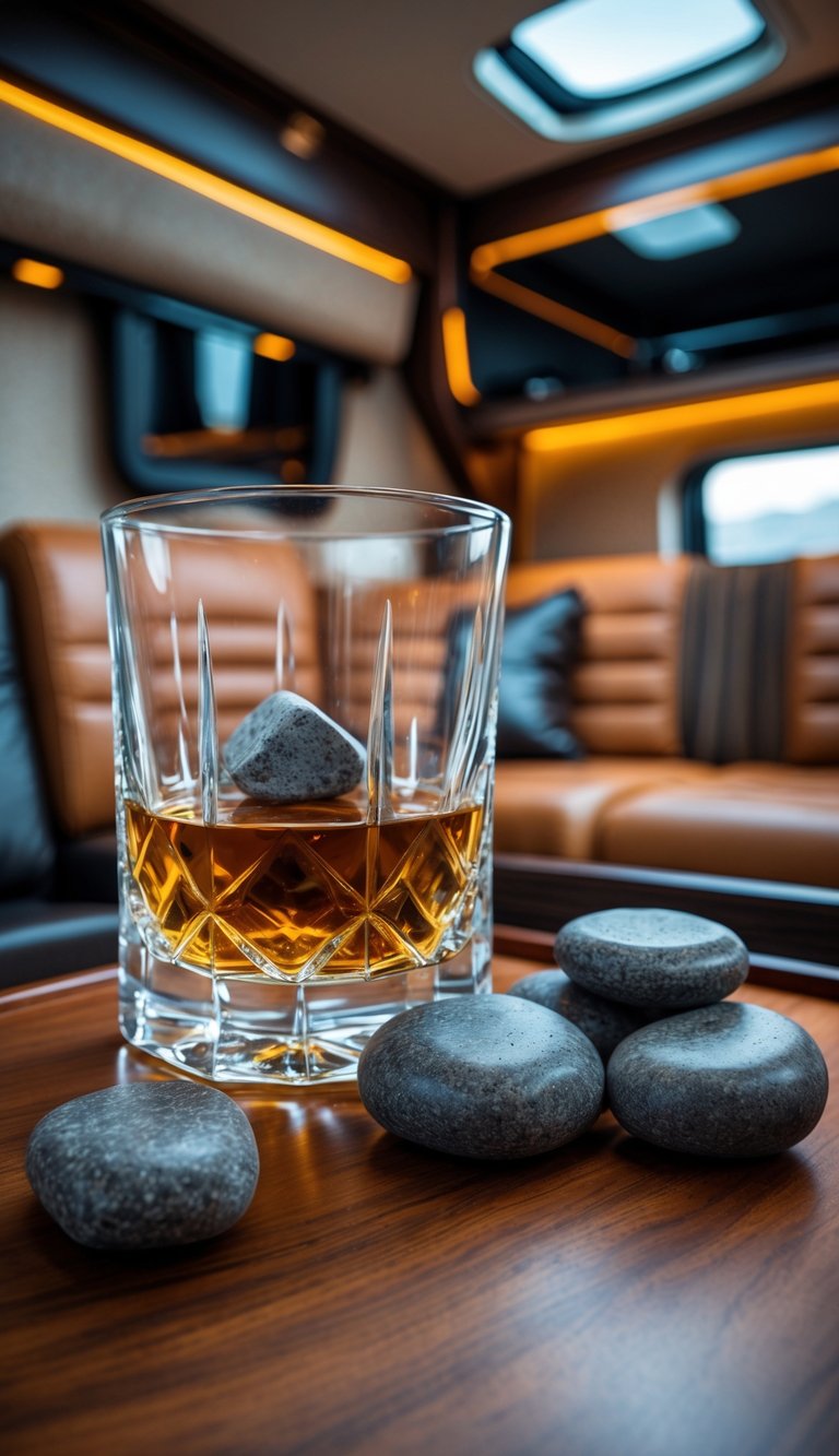 A whiskey glass with whiskey stones on a wooden surface inside an RV interior.
