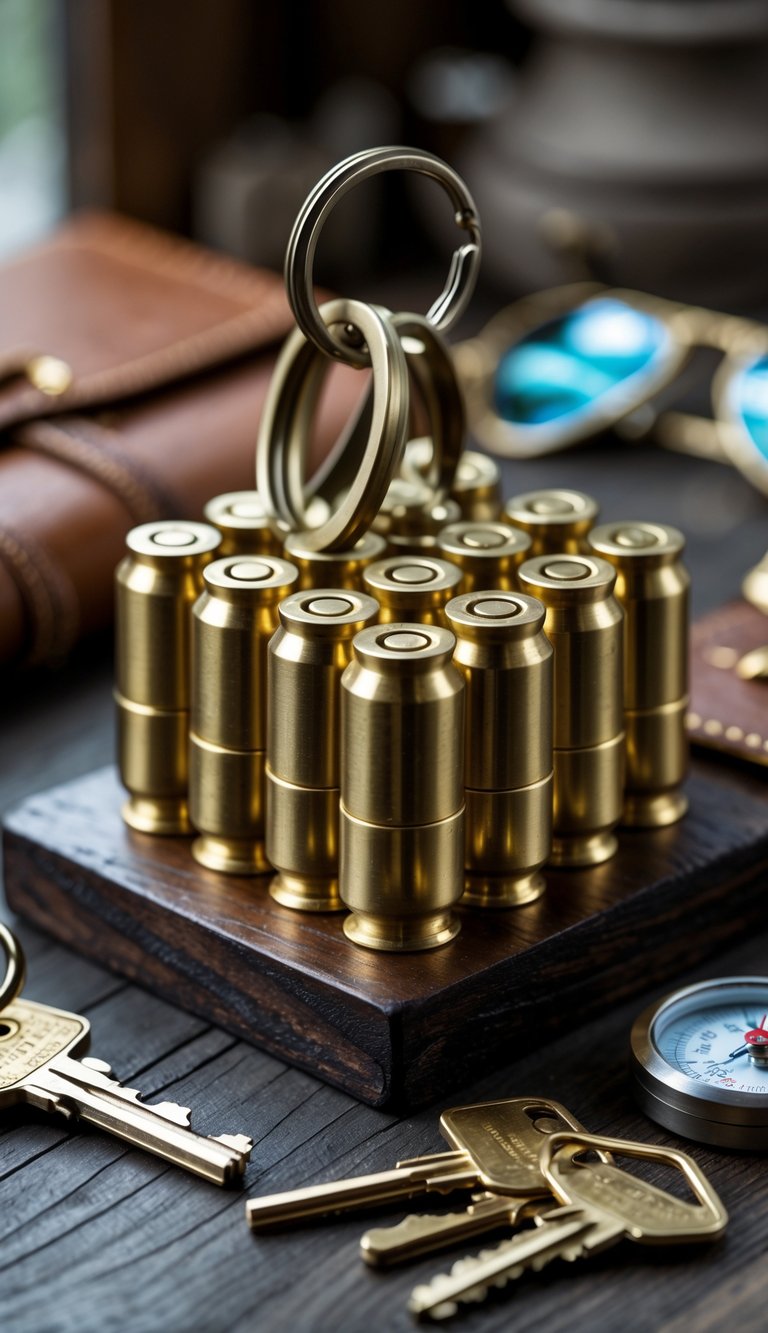 A bullet casing key holder on a dark wooden surface surrounded by outdoor accessories like sunglasses, a compass, and keys.