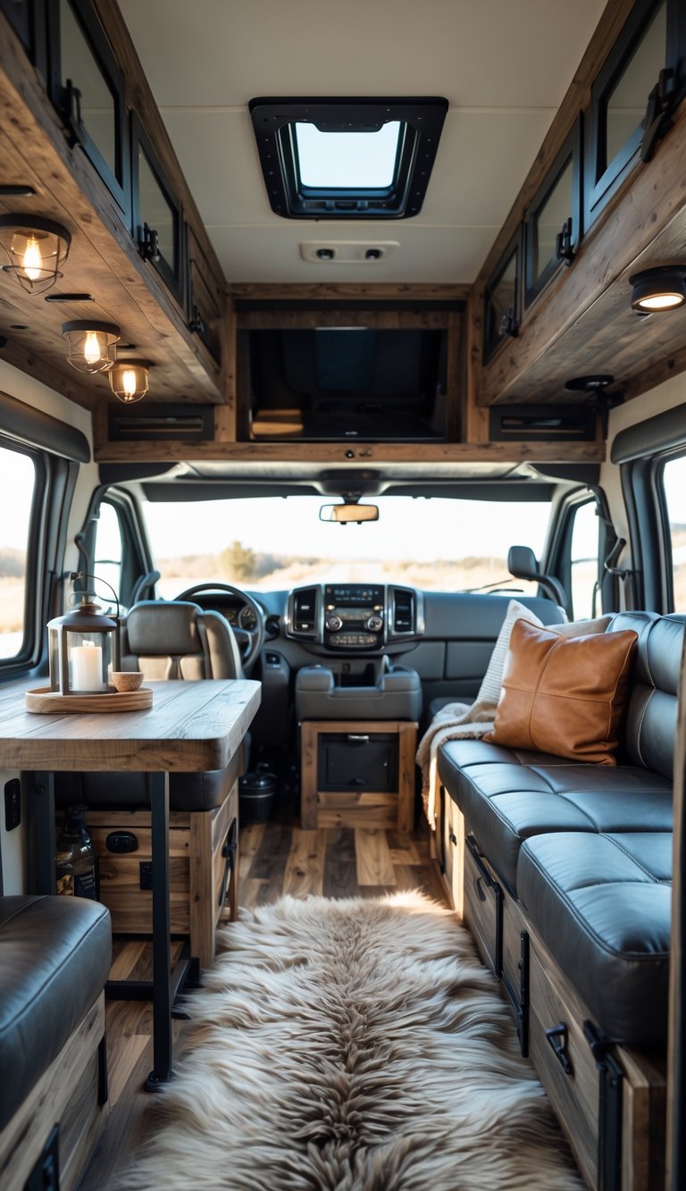 Interior of an RV with a faux fur throw rug on the floor, dark leather seating, wooden accents, and natural light coming through the windows.