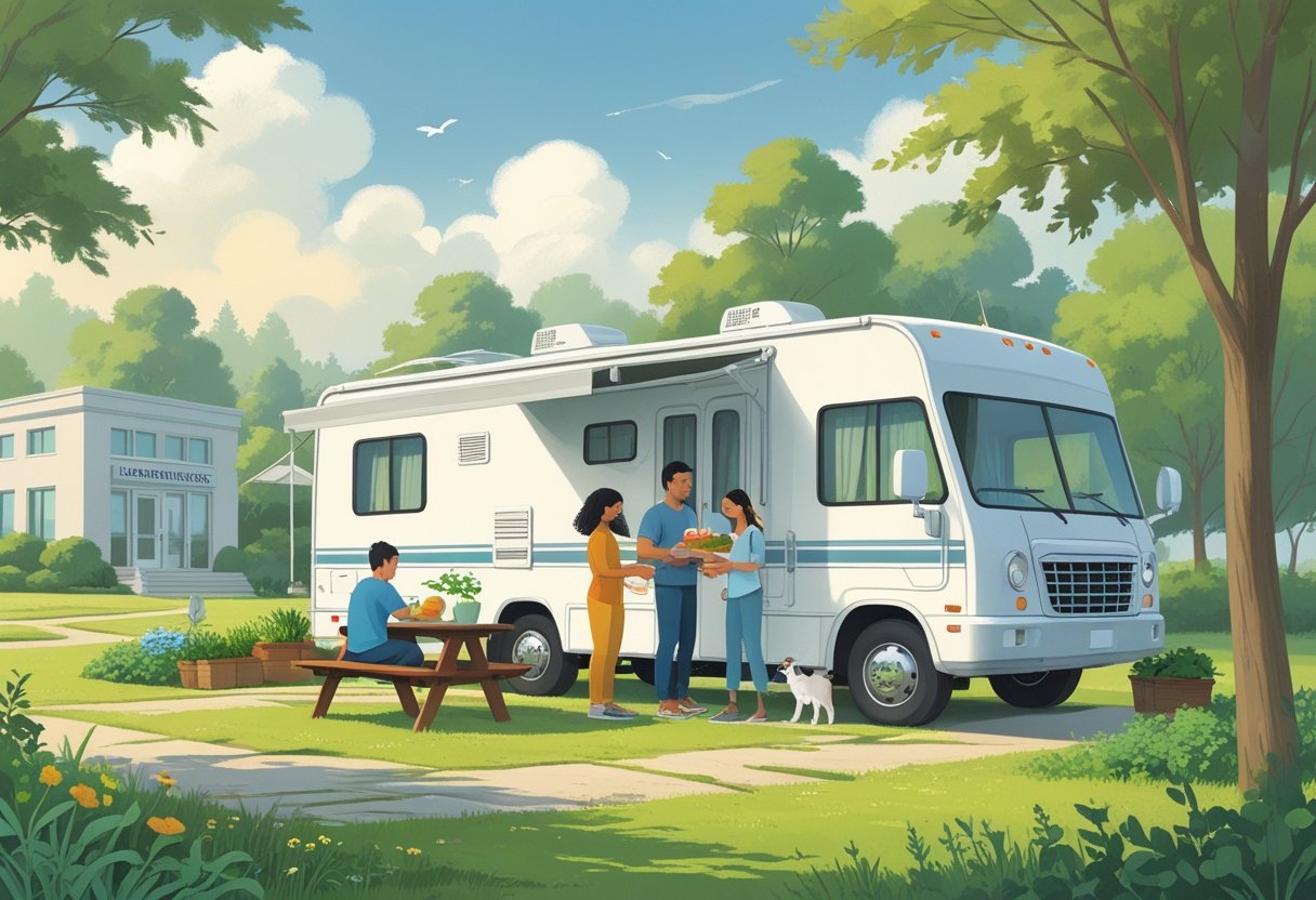 A family outside their RV in a natural setting, interacting near a government office building with documents and a calculator nearby.