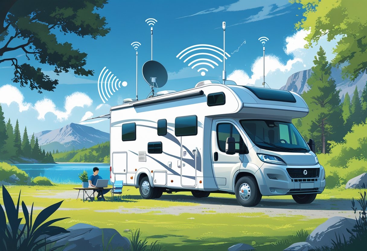 An RV parked at a campsite with a person using a laptop outside, surrounded by nature and mountains in the background, with visual signals indicating internet connectivity.