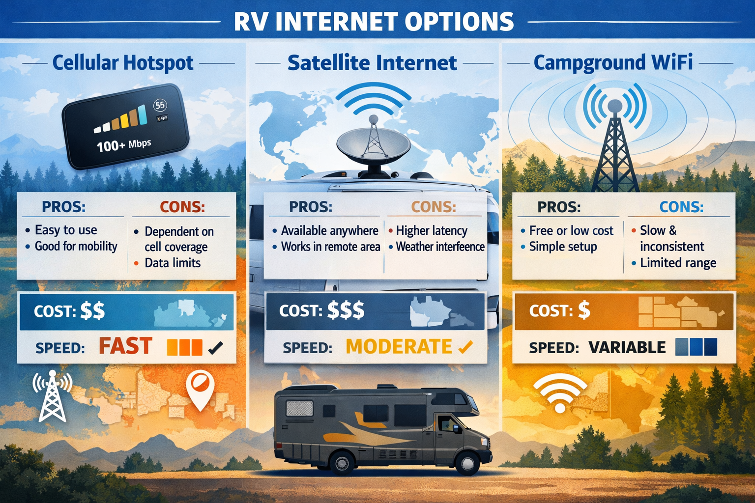Detailed landscape image (1536x1024) showing comparison infographic of RV internet options: left side displays cellular hotspot device with 
